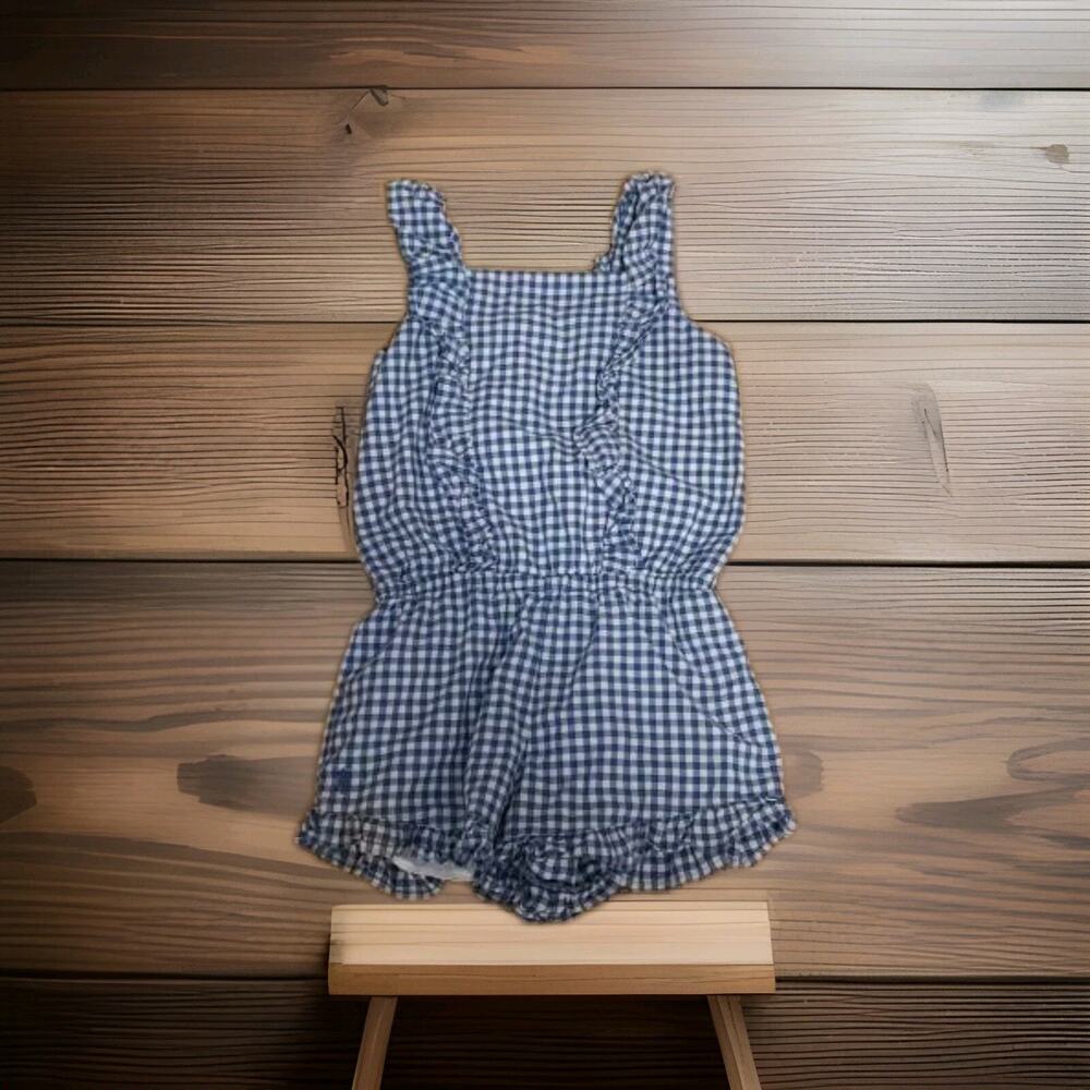 Polo Ralph Lauren Girls 10 Gingham Romper Blue White Casual Ruffles Sleeveless